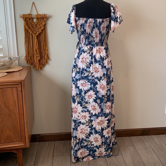 Pink Blush Blue Floral Off Shoulder Smocked Wrap Maternity Dress, postpartum too - Picture 6 of 9